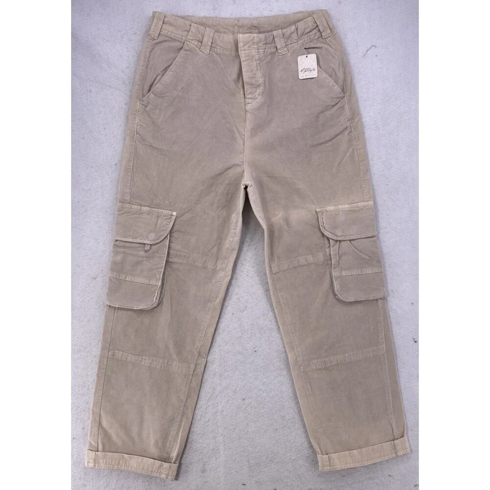 Free People Hard Crushin' Plush Cargo Pants 12 Ivory NWT High Rise Utility New